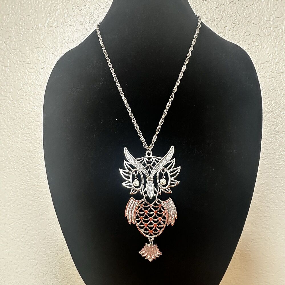 Vintage Articulated Owl Necklace Silver Tone Pendant Rhinestone 5” Statement